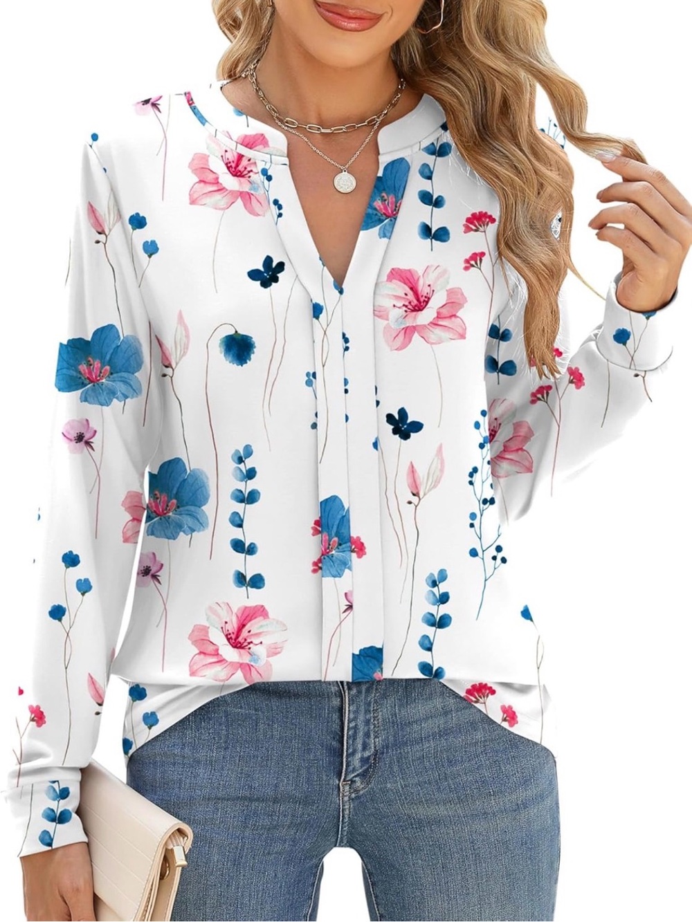 Floral V-Neck Long Sleeve Blouse - White with Pink & Blue
